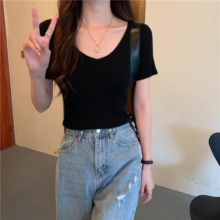 Cream-yellow V-neck Cap-sleeve Short-sleeve Womens Summer Top