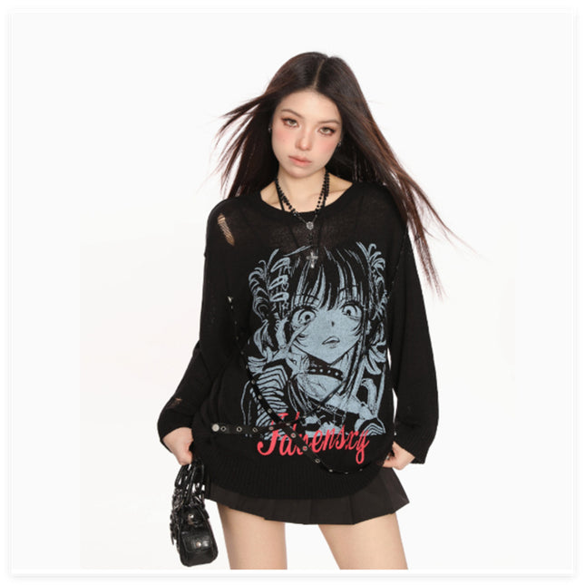 Ladies' Spring And Autumn Look Thin Loose Printed Knitted Sweater Hoodie Top