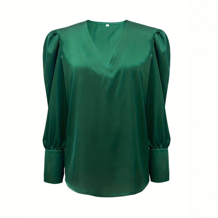 Womens Solid-Color V-Neck Silk Satin Long-Sleeve Shirt
