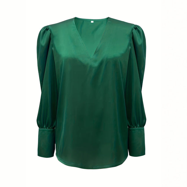 Womens Solid-Color V-Neck Silk Satin Long-Sleeve Shirt
