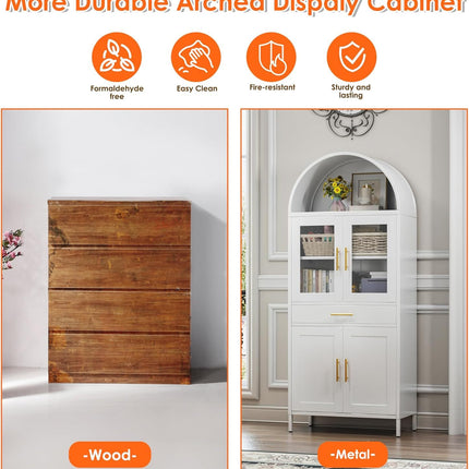 Tall Metal Arched Display Cabinet, Arch Kitchen Pantry Storage Organizer With Doors Shelves Drawers, Modern Freestanding Bookcase For Home Office Bar Living Room White