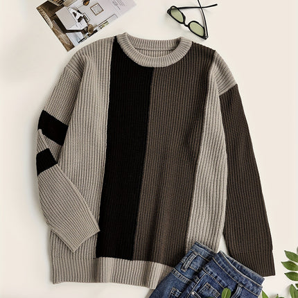 Contrast Color Fashion All-match College Style Round Neck Pullover Men's Sweater