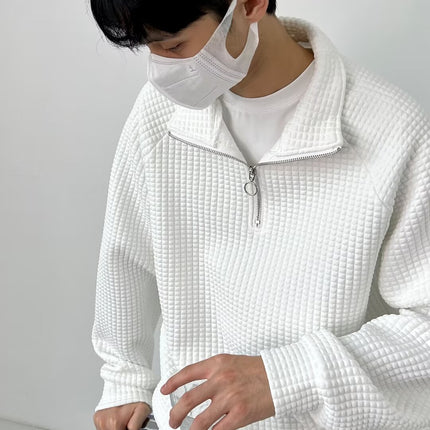 Waffle Half Zipper Casual Lapel Men's Sweater