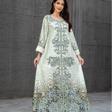 Elegant Floral Print Long Sleeve Abaya Dress