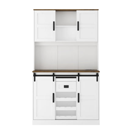 Farmhouse Bar Cabinet With Sliding Barn Door, Large Kitchen BuffetRustic Coffee Bar Sideboard Table,White