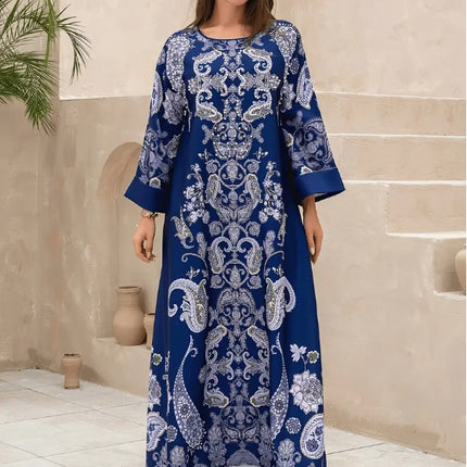 Elegant Floral Print Long Sleeve Abaya Dress