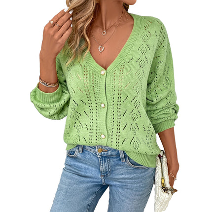V-neck Hollow-out Single-breasted Long-sleeve Knit Cardigan