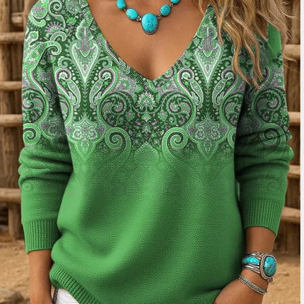 Womens Retro-Print V-Neck Long-Sleeve T-Shirt Top