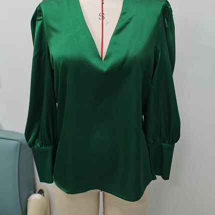 Womens Solid-Color V-Neck Silk Satin Long-Sleeve Shirt
