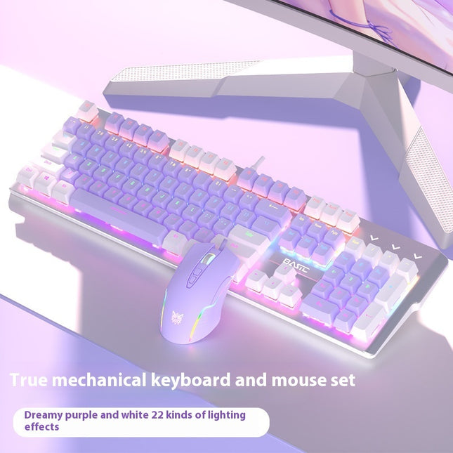 Purple Mechanical Keyboard Mouse Suit Wired Green Axis