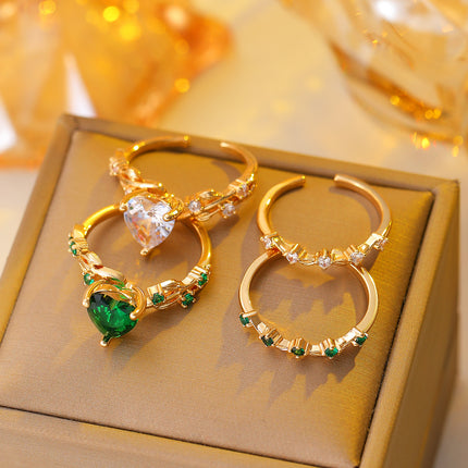 Open Heart All-match Copper Inlaid Zircon Ring Suit