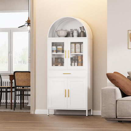 Tall Metal Arched Display Cabinet, Arch Kitchen Pantry Storage Organizer With Doors Shelves Drawers, Modern Freestanding Bookcase For Home Office Bar Living Room White