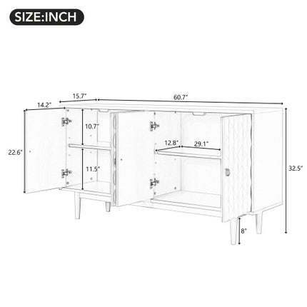 Modern 4-door Sideboard With Convex Doors And 2 Silver Handles For Living Room, Dining Room, Kitchen