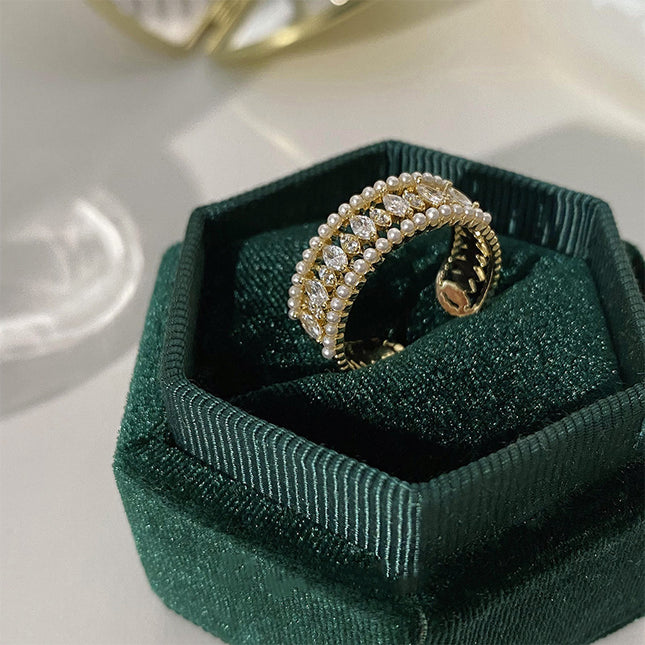 Light Luxury Pearl Open-end Zircon Ring Female Special-interest Design