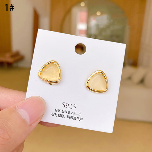 S925 Silver Needle Geometric Opal Temperament Diamond Earrings Simple