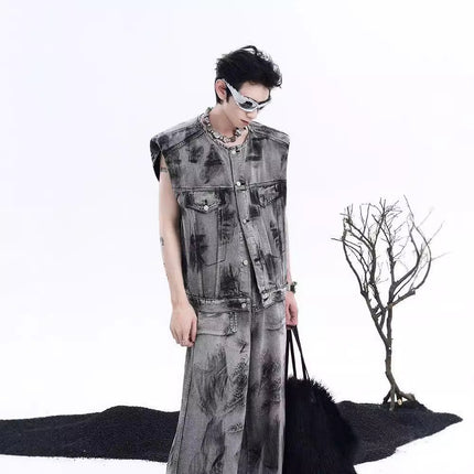 American Street Graffiti Padded Shoulder Sleeveless Denim Coat