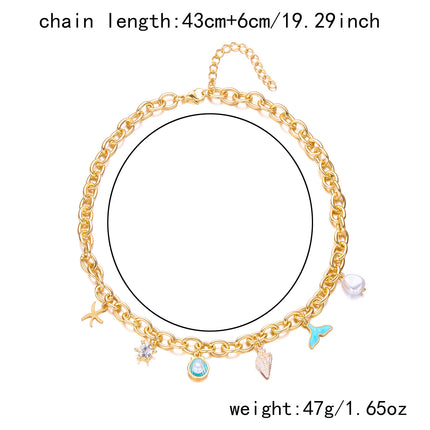 Women's Fashion Starfish Pearl Shell Fishtail Multi-pendant Necklace Bracelet