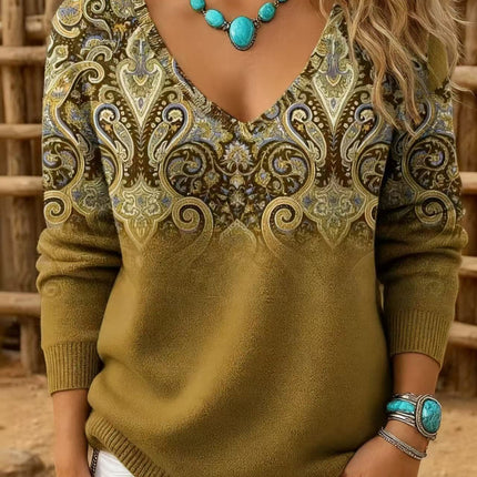 Womens Retro-Print V-Neck Long-Sleeve T-Shirt Top