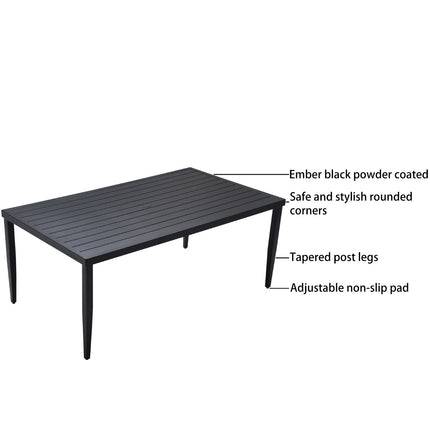 Outdoor Patio Aluminum 40x70 Rectangle Dining Table With Tapered Feet  Umbrella Hole, Ember Black