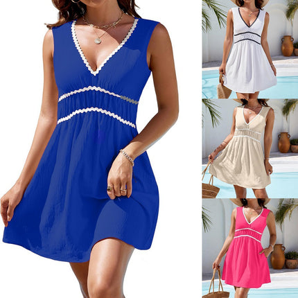 Womens Lace V-Neck Sleeveless Waist-Cinching Dress