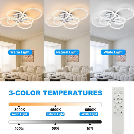 Modern LED Ceiling Light, Flush Mount Ceiling Light With Dimmable Remote Control, 6Rings Acrylic Ceiling Light Fixture For Bedroom, Living Room, Kitchen, Office Lamps 6 Heads