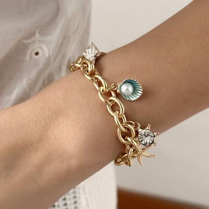 Women's Fashion Starfish Pearl Shell Fishtail Multi-pendant Necklace Bracelet