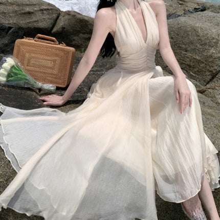 Sleeveless V-neck Halter Dress With A Cinched Waist Design