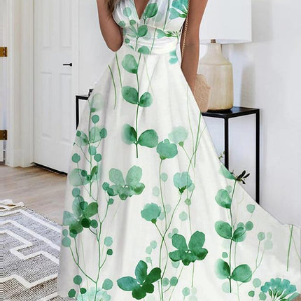 Printed V-neck Loose Plain Elegant Dress