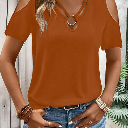 Womens Loose-Fit Cross-Over V-Neck Off-the-Shoulder Short-Sleeve TShirt