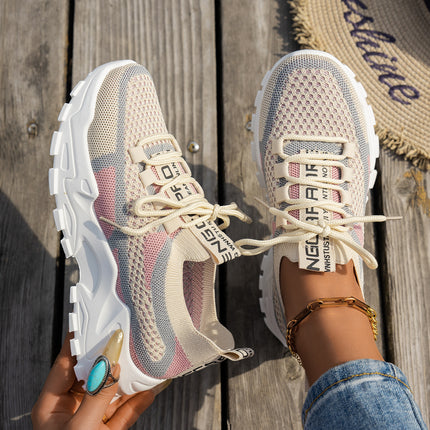 Flyknit Mesh Shoes Women's Breathable Lace-up Sneakers Walking Running Casual Shoes