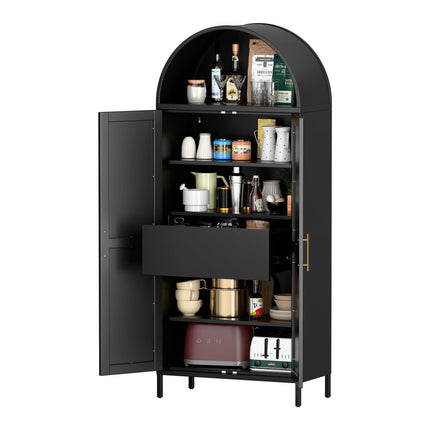 73inch Tall Metal Arched Cabinet, Modern Arch Bookshelf Display Cabinet With Doors,Shelves,Internal Drawers For Home Office Kitchen Bar Living Room,Black