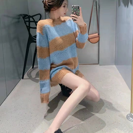 Women's New Mohair Ripped Striped Thin Crew Neck Sweater