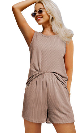 Smoke Gray Corded Sleeveless Top And Pocketed Shorts Set
