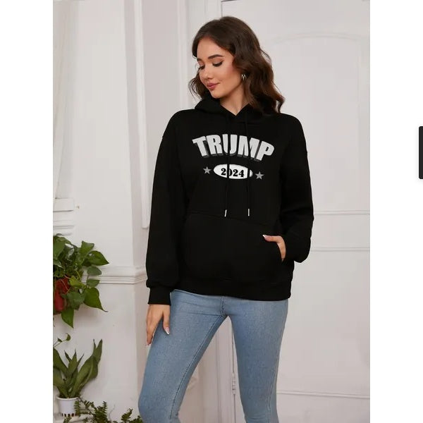 Women Basic Sweatshirt Casual Hooded Sweatshirt Autumn Winter Padded Long Sleeve Trump Alphabet 2024 Portrait Printed Top Oversize