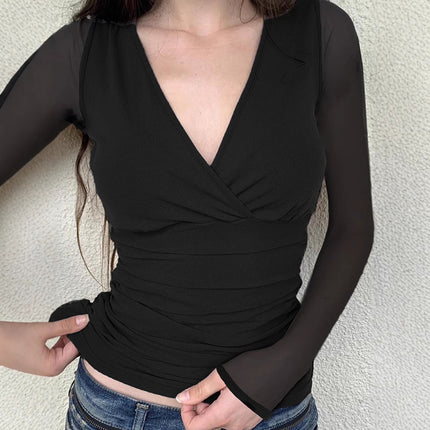 V-neck Solid-Color Mesh-Patchwork Pleated Slim-Fit T-Shirt