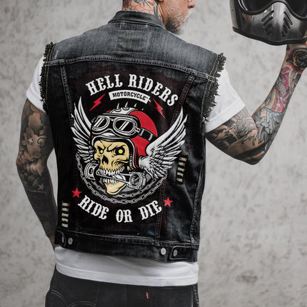 Casual Fashion Motorcycle Bone Print Men's Denim Vest