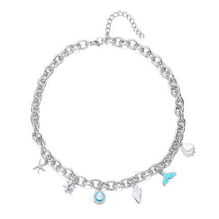 Women's Fashion Starfish Pearl Shell Fishtail Multi-pendant Necklace Bracelet