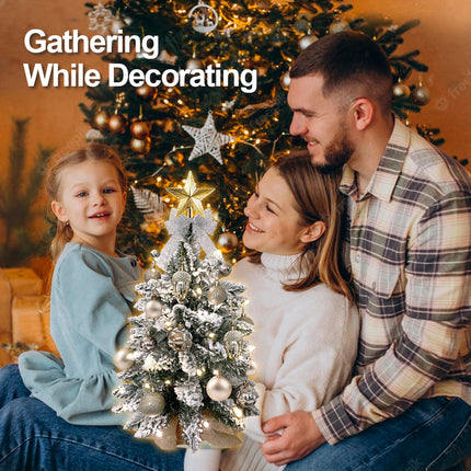 2ft Mini Christmas Tree With Light Artificial Small Tabletop Christmas Decoration With Flocked Snow, Exquisite Decor & Xmas Ornaments For Table Top For Home & Office, Rose Gold