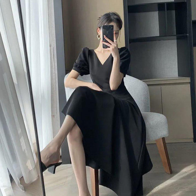 Solid-color V-neck Minimalist Hepburn-style Vintage Maxi Dress