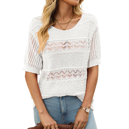 Round Neck Hollow-out Short-sleeved Shirt Knitted Crocheted Sweater