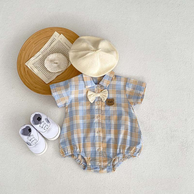 Baby Short Sleeve Two-piece Thin Bear Plaid Romper Climbing Clothing