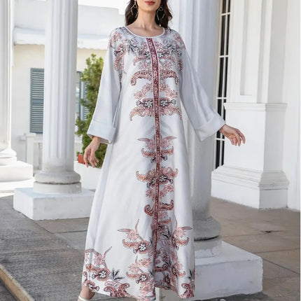 Elegant Floral Print Long Sleeve Abaya Dress