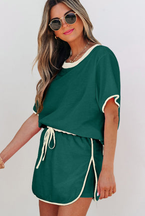 Turquoise Colorblock Edge Drop Shoulder T Shirt And Skort 2Pcs Set