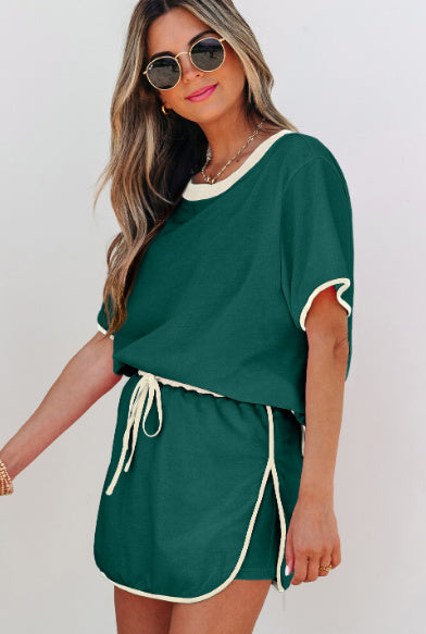 Turquoise Colorblock Edge Drop Shoulder T Shirt And Skort 2Pcs Set