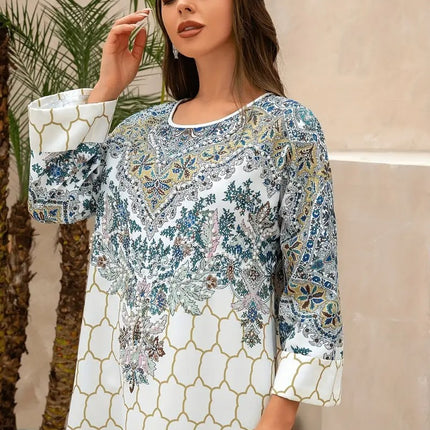 Yahua Floral Print Women's Abaya - Long Sleeved, Regular Style Dress