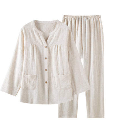 Womens Autumn Japanese-Style V-Neck Solid-Color Long-Sleeve Pantsuit