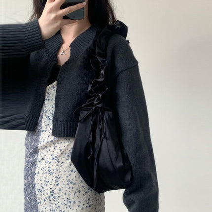 Underarm Satin Versatile Casual Pleated Lace Drawstring Design Large Capacity Shoulder Messenger Bag