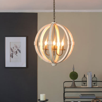 6 - Light Wood Chandelier With Adjustable Chain For Kitchen, Dining Hall Entrance, Bulb Not Included