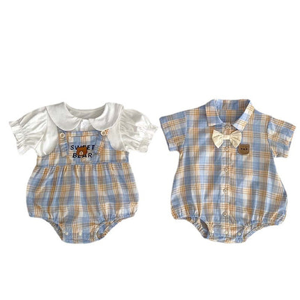 Baby Short Sleeve Two-piece Thin Bear Plaid Romper Climbing Clothing