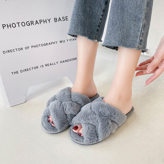 Open Toe Fluffy Slippers Women's Artificial Fur Couple Plush